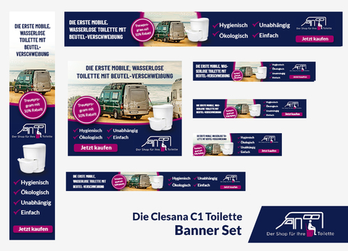 Online-Marketing Material für Vertrieb von mobiler, wasserloser Toilette