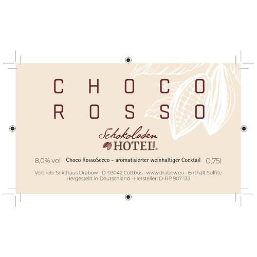 Etiketten für Choco Rosso (Weinhaltiger Coctail) für das einzige Schokoladenhotel Deutschlands